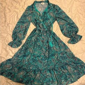 ❤️ Aura Turquoise Paisley Floral Modest Beautiful Long Sleeve Dress Blue Green